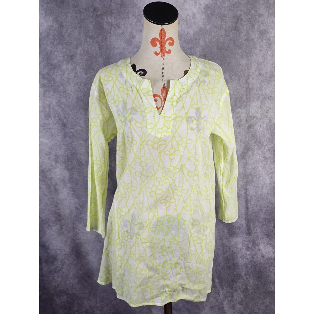 KikiSol BoHo Hippie Tunic Shirt Semi Sheer Lime Green Cotton India Made Sz M EUC